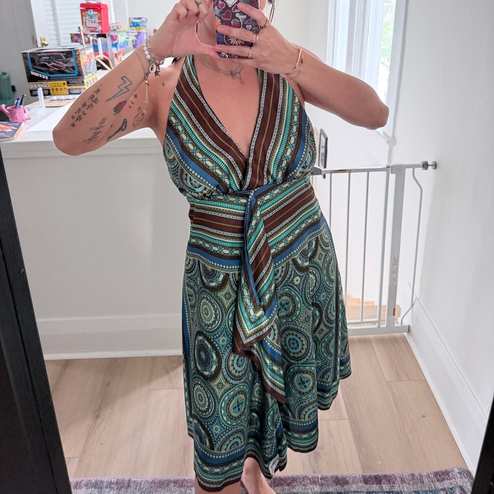 AGB Halter Wrap Midi scarf Dress in Teal, Brown, and Blue